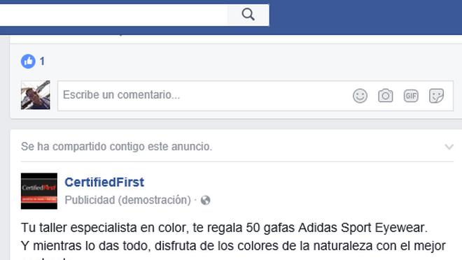 pasta ~ lado abeja Promoción de Certified First en Facebook Ads junto a Adidas