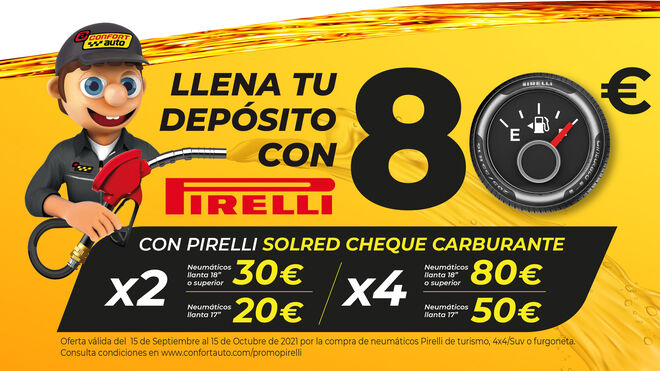 Confortauto regala hasta 80 euros en carburante por la compra de neumáticos Pirelli
